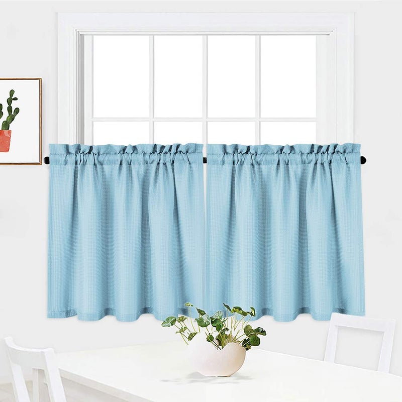 NANAN Tier Curtains,Waffle Weave Textured Tailored Short Curtains for Bathroom Waterproof Window Covering Kitchen Cafe Curtains - 30" x 24", Dusty Blue, Set of 2 - Image 2